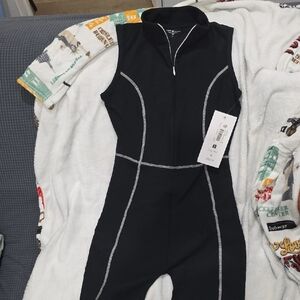 Black Sleeveless Jumpsuit with White Stitching